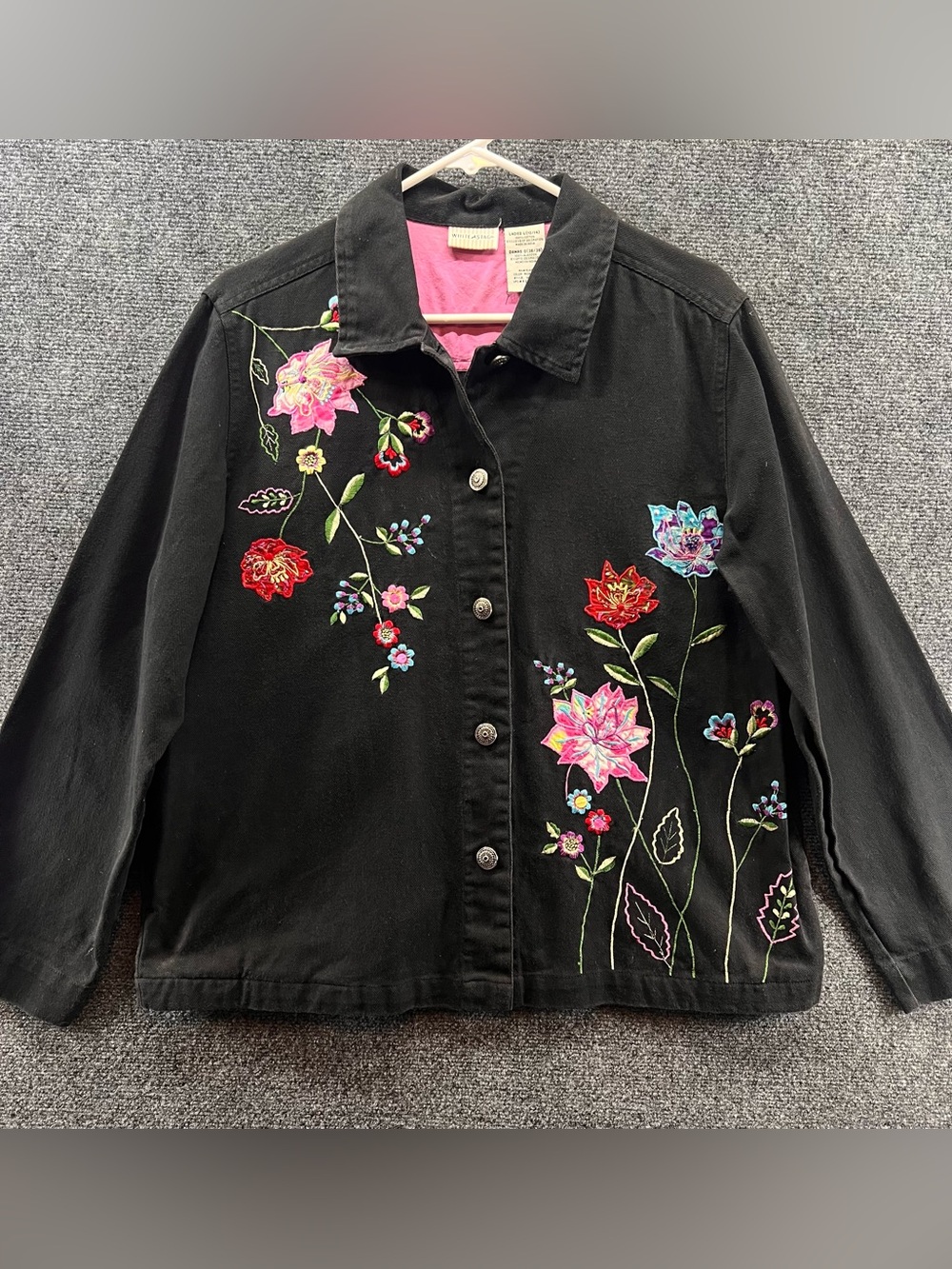 Vtg White Stag Womens Denim Jacket Lg 12-14 Black Floral Button Up Embroidered‎